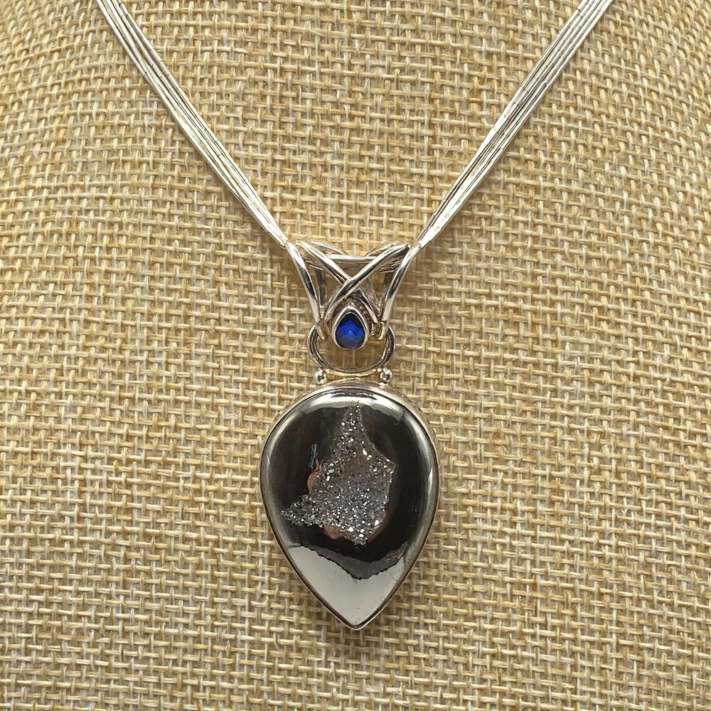Sajen Sterling Silver Pendant Necklace Vintage Blue Topaz Druzy 21"